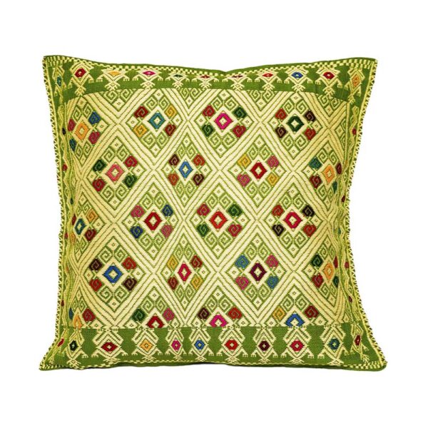 Funda para almohada Larrainzar con diseño artesanal geométrico, tejida a mano en telar de cintura. Color verde oliva Nativa