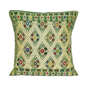 Funda para almohada Larrainzar con diseño artesanal geométrico, tejida a mano en telar de cintura. Color verde bandera Nativa